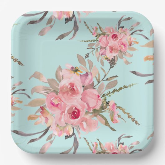 Assiettes En Carton Fleurs rose pâle sur bleu clair (Recto)