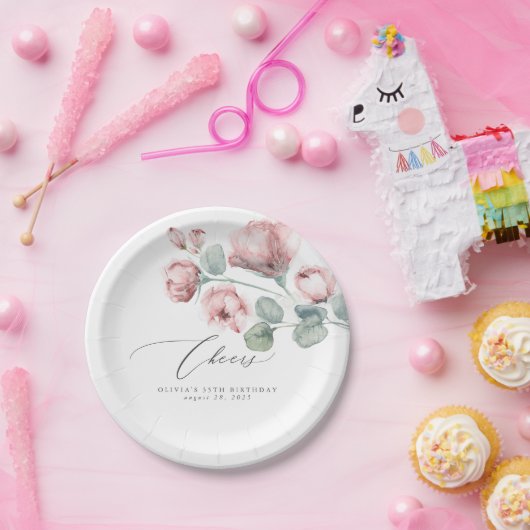 Assiettes En Carton Fleurs rose poussiéreux Élégant Romantique (Fête)