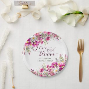 Assiettes En Carton Fleurs rose vif aquarelle L'amour est en fleur