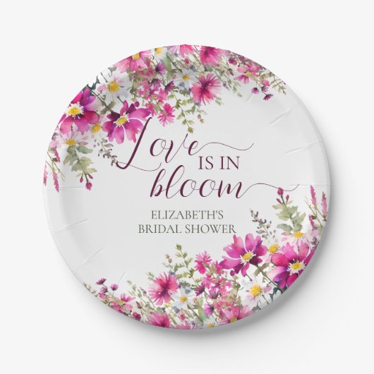 Assiettes En Carton Fleurs rose vif aquarelle L'amour est en fleur (Devant)