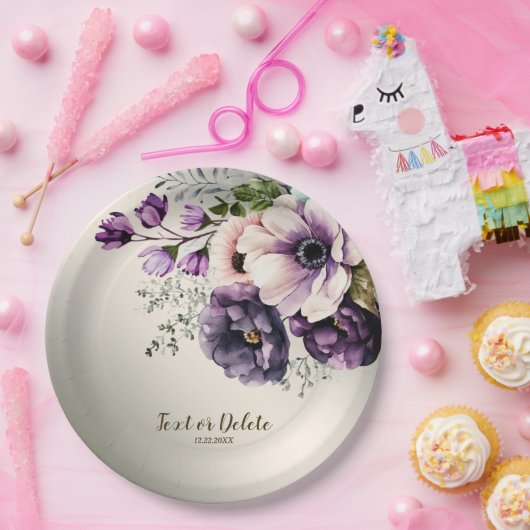 Assiettes En Carton Fleurs rose violet de fête Golden Elegant (Fête)