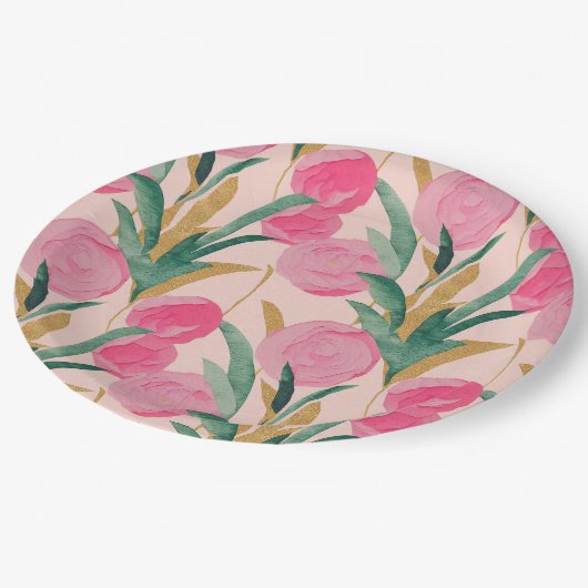 Assiettes En Carton Fleurs roses (Angle)