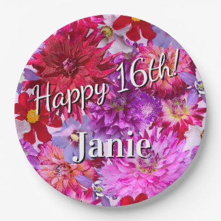 Assiettes En Carton Fleurs roses 16e anniversaire