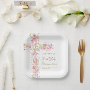 Assiettes En Carton fleurs roses croix Première Sainte Communion