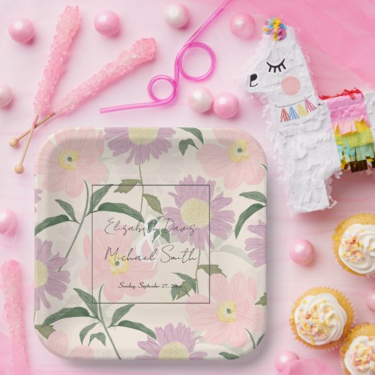 Assiettes En Carton Fleurs roses élégantes Aquarelle Boho Floral (Fête)