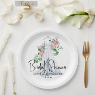 Assiettes En Carton Fleurs roses élégantes et verdure - douche nuptial