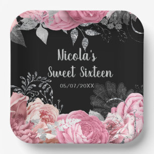 Assiettes En Carton Fleurs roses et argent élégantes Sweet Sixteen