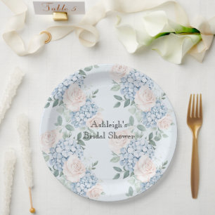 Assiettes En Carton Fleurs roses et bleues rayures Baby Shower