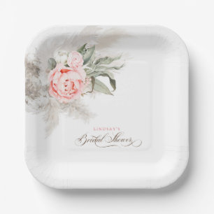 Assiettes En Carton Fleurs roses et Pampas Fête des mariées en laiton 
