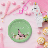 Assiettes En Carton Fleurs roses et papillon sur Mariage vert (Fête)