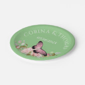 Assiettes En Carton Fleurs roses et papillon sur Mariage vert (Angle)