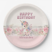 Assiettes En Carton Fleurs roses fille mignonne Unicorn Anniversaire (Devant)