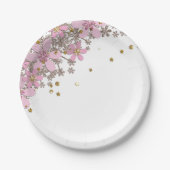 Assiettes En Carton Fleurs roses florales parties scintillant pois dor (Devant)