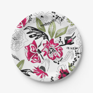 Assiettes En Carton Fleurs roses florales vert feuille croquis