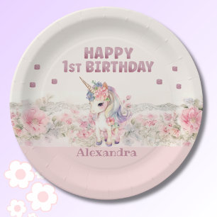 Assiettes En Carton Fleurs roses mignonnes fille Unicorn 1er anniversa