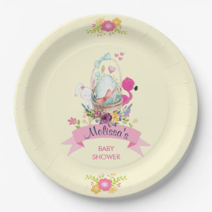 Assiettes En Carton Fleurs roses, Oeuf, Flamant rose et lapin Aquarell