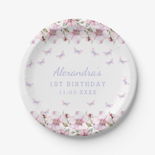 Assiettes En Carton Fleurs roses Papillon Whimsical 1er anniversaire (Devant)