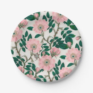 Assiettes En Carton Fleurs Roses roses et Motif Feuille vert
