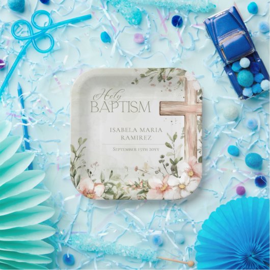 Assiettes En Carton Fleurs roses rousses croix en bois baptême vert (Fête)