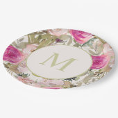 Assiettes En Carton Fleurs roses Sage Vert Feuilles Monogramme initial (Angle)