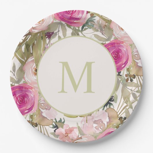 Assiettes En Carton Fleurs roses Sage Vert Feuilles Monogramme initial (Devant)