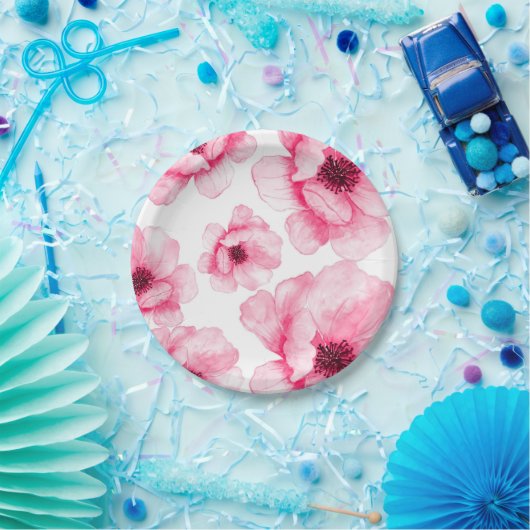 Assiettes En Carton Fleurs roses sur Plaque (Fête)