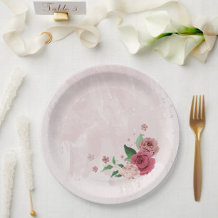 Assiettes En Carton fleurs roses vert feuille mariage