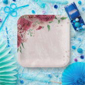 Assiettes En Carton fleurs roses vert feuille mariage (Fête)