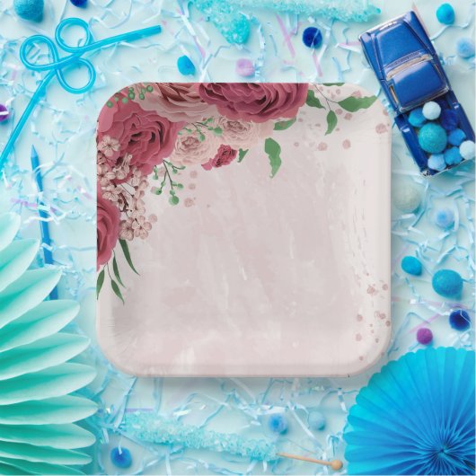 Assiettes En Carton fleurs roses vert feuille mariage (Fête)