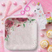 Assiettes En Carton fleurs roses vert feuille mariage (Fête)