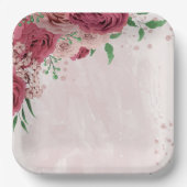Assiettes En Carton fleurs roses vert feuille mariage (Recto)