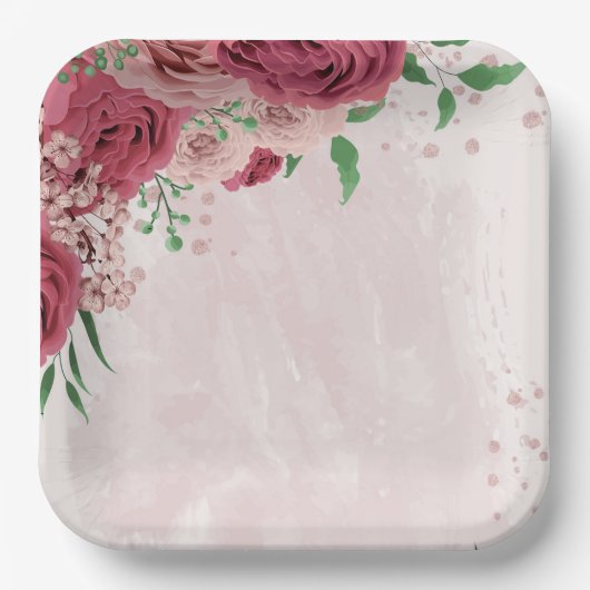 Assiettes En Carton fleurs roses vert feuille mariage (Recto)