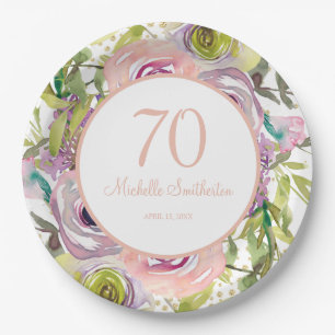 Assiettes En Carton Fleurs roses violettes Paillettes dorées 70e anniv