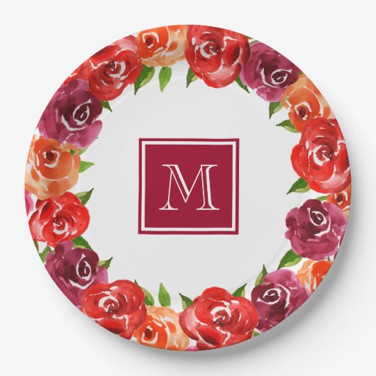 Assiettes En Carton Fleurs Rouge Orange Claret Monogramme (Devant)