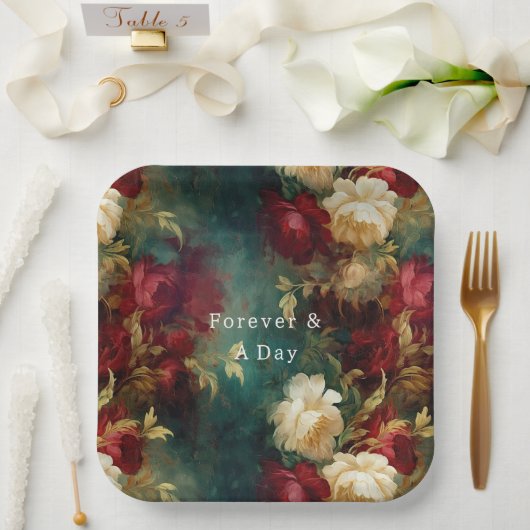 Assiettes En Carton Fleurs rouges blanches vertes (Mariage)