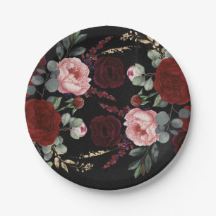 Assiettes En Carton Fleurs rouges bordeaux Noir Mariage de automne mod