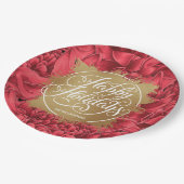Assiettes En Carton Fleurs rouges Faux d'or Foil Joyeuses vacances (Angle)