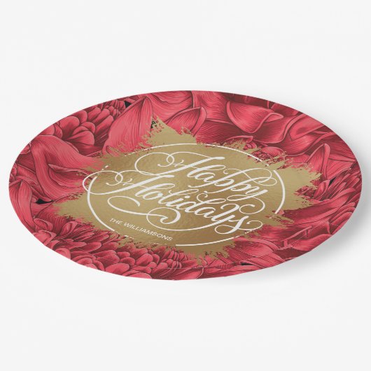 Assiettes En Carton Fleurs rouges Faux d'or Foil Joyeuses vacances (Angle)