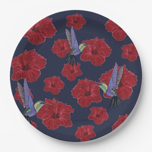 Assiettes En Carton Fleurs rouges Hawaï des colibris (Devant)