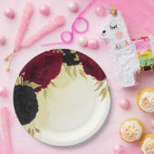 Assiettes En Carton fleurs rouges noires or feuille mariage (Fête)