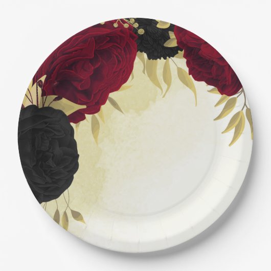 Assiettes En Carton fleurs rouges noires or feuille mariage (Devant)