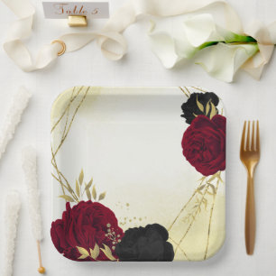 Assiettes En Carton fleurs rouges noires or feuille mariage