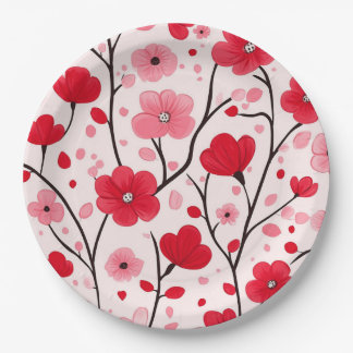 Assiettes En Carton Fleurs rouges romantiques