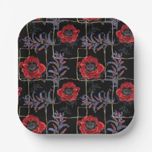 Assiettes En Carton Fleurs rouges sur le noir.