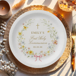 Assiettes En Carton Fleurs sauvages aquarelle croix dorée Première Com