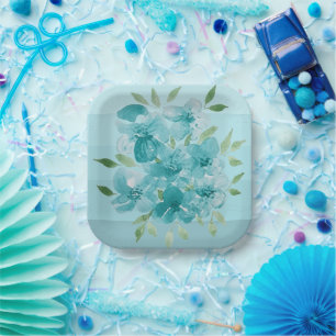 Assiettes En Carton Fleurs sauvages bleu turquoise aquarelle