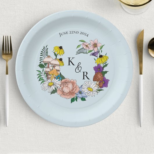 Assiettes En Carton Fleurs sauvages Champignons bleus floraux