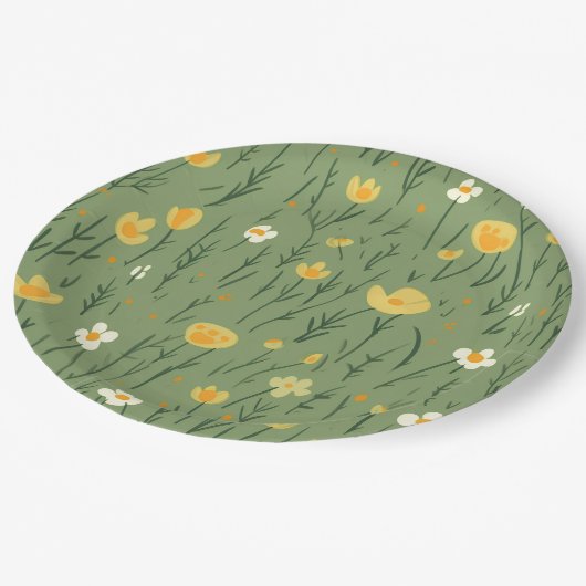 Assiettes En Carton Fleurs sauvages D'Été Sur Le Vert (Angle)