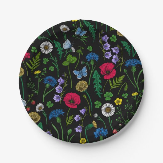 Assiettes En Carton Fleurs sauvages en noir (Devant)