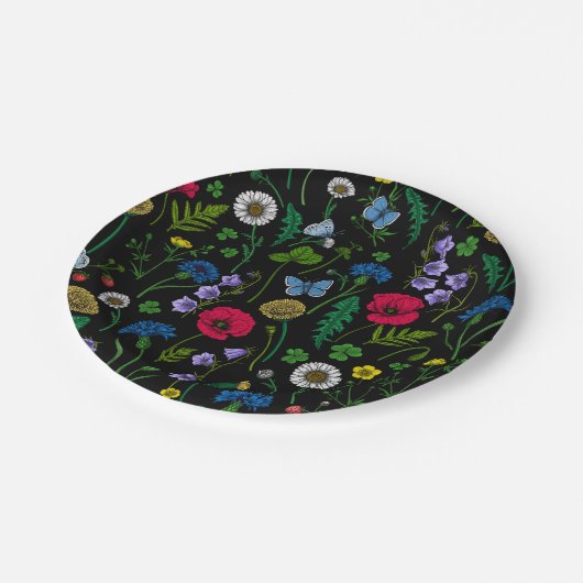 Assiettes En Carton Fleurs sauvages en noir (Angle)